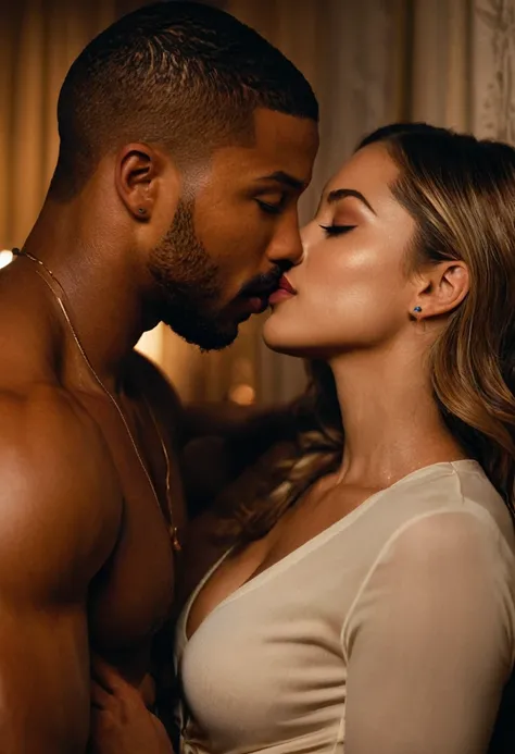 Chloe Fineman and a handsome African American male whose facial features are a combo of Isaiah Mustafa + Charles Michael Davis + Michael B. Jordan share a steamy kiss inside a bedroom lit only by candlelight. Chloe has lovely makeup on her face. Nighttime....