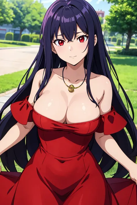 (artwork, best quality) a girl with long hair of different colors, red eyes, medium breasts, red off-shoulder dress, necklace, happy, in a school yard