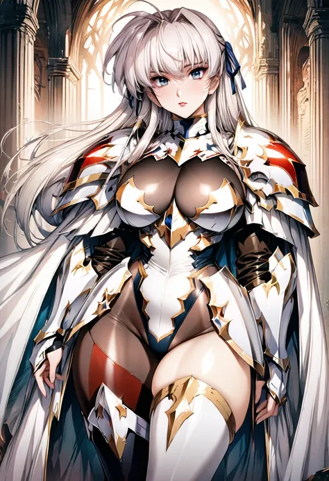 ((highest quality)), ((masterpiece)), ((hyperrealistic)), (detailed background), 1girl, ((curvy: 1.2)), perfect face, Langrisser, makeup, holding weapon, ((Combat leotard: 1.5)), ((catsuit)), ((white paladin armor: 1.3)), ((long skirt)), (cloak de cour), g...