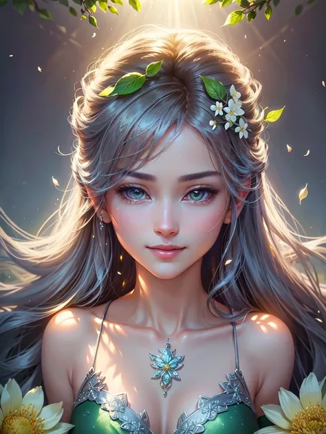 (Best quality,4K,a high resolution,ultra detailed,realistic:1.37),bright colors,Sun Ray,rays of light,bergamot,White flowers,beautiful girl,exquisite features,loose hair,A serene expression,garden furnishings,Exquisite dress,soft sunlight,gentle breeze,Che...