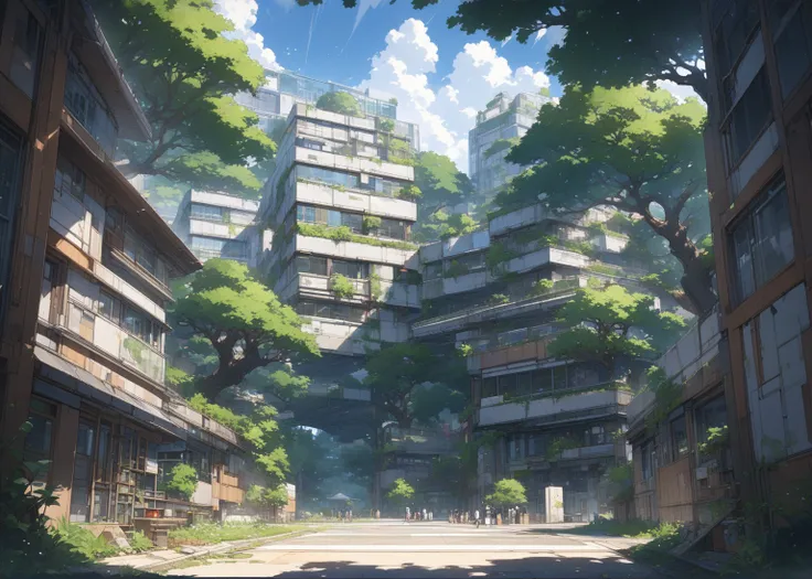 ((background only)),masterpiece, best quality, extremely detailed, ultra detailed, flat anime, 2D,
 summer, 11AM, high school,A detailed line drawing of a modern urban building complex, featuring a multi-story structure with numerous windows and a gated en...