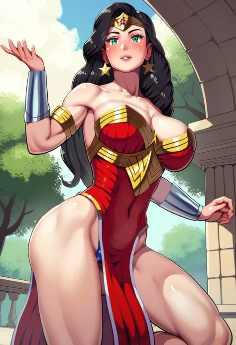 Art image of Monica Belluci as Wonder Woman, busty, beautiful, black hair, large breasts, ancient Athens background, by Louis Royo, Boris Vallejo, Frank Frazetta, extreme focus, sharp details, sexy,  oily skin, sexy, naughty, dynamic pose