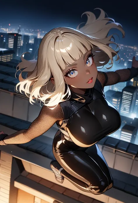 1girl,solo,super detailed skin,shiny skin,black skin,tanned skin,natural face,pale blonde hair,short hair,blunt bangs,beautiful detailed eyes,eyelashes,lips gloss,large breasts,fullbodysuit,fishnet arms,ninja clothes ,jumping ,night rooftop ,wide shot,mast...