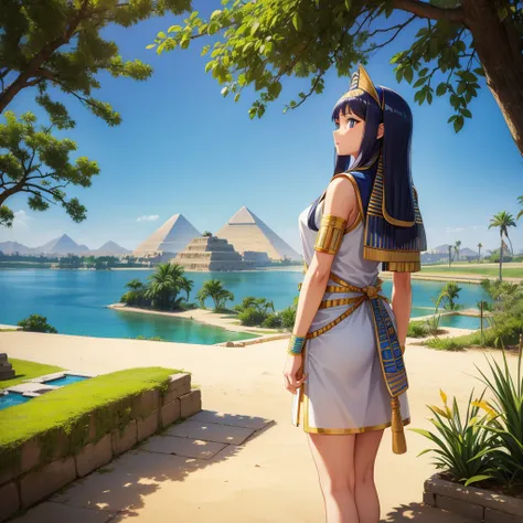 かわいいAncient Egyptの15歳の女の子、Ancient Egypt、View of the Nile、A colorful view of the whole、whole body、Low - Angle、Standing posture、Reeds are growing、Ancient Egyptの船、Ancient Egyptの風景
