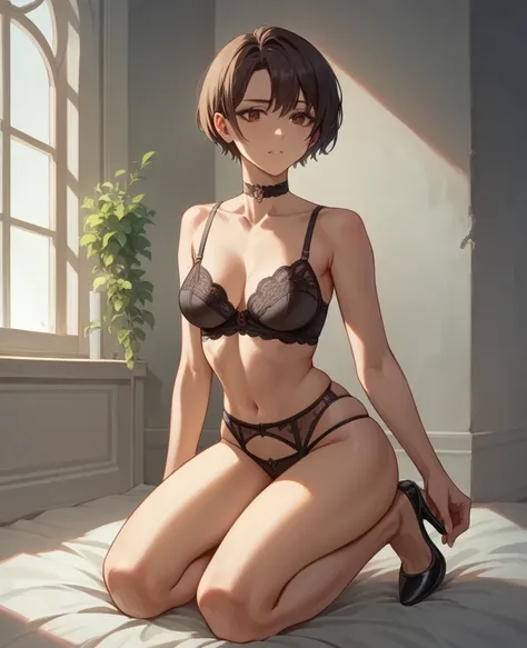 4k, (masterpiece), of the highest quality, 2d, ((NSFW)), (teen anime girl), (medium breasts), short hair, choker, Brown eyes, lingerie, heels