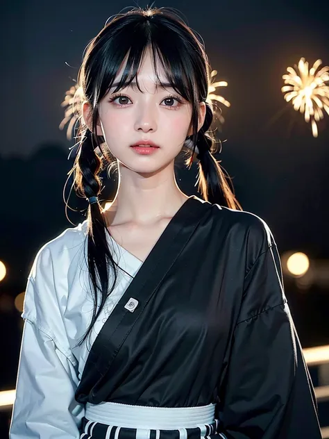 40-year-old Japanese woman、Black Hair、Hair is very short、Twin tails、Hatsune Miku Costume、Headphones、Flat Chest、Realistic photos、Realistic、8K quality、expensive、No bangs、Fireworks display、High resolution, Highest quality, Anatomically correct, Winner of nume...