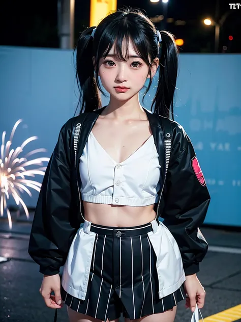 40-year-old Japanese woman、Black Hair、Hair is very short、Twin tails、Hatsune Miku Costume、Headphones、Flat Chest、Realistic photos、Realistic、8K quality、expensive、No bangs、Fireworks display、High resolution, Highest quality, Anatomically correct, Winner of nume...