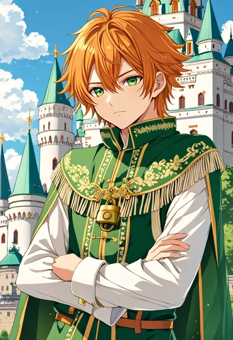 Anime boy (character: Akito Shinonome), orange messy hair, fringe reparted in three parts with a yellow lock of hair on the middle, light and bright green eyes, vintage royal Russian clothes, Russian castle background