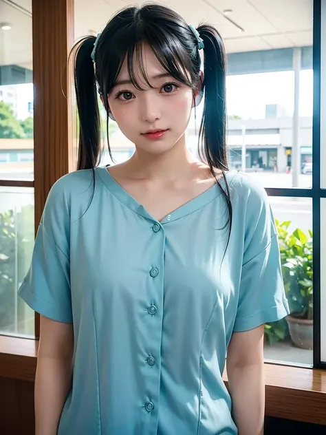 40-year-old Japanese woman、Black Hair、Hair is very short、Twin tails、Hatsune Miku Costume、Headphones、Flat Chest、Realistic photos、Realistic、8K quality、expensive、No bangs、Cafe Terrace、High resolution, Highest quality, Anatomically correct, Winner of numerous ...