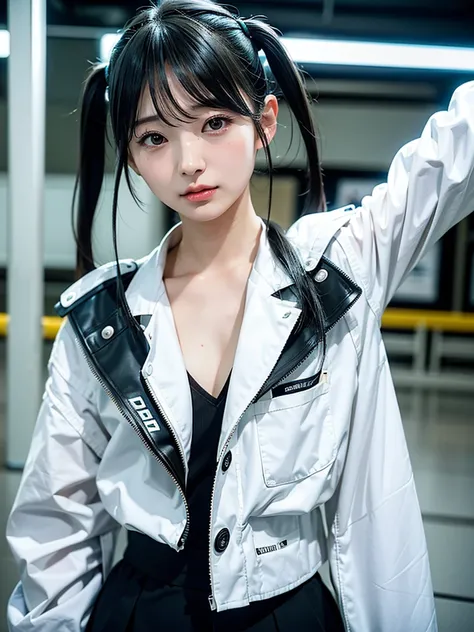 40-year-old Japanese woman、Black Hair、Hair is very short、Twin tails、Hatsune Miku Costume、Headphones、Flat Chest、Realistic photos、Realistic、8K quality、expensive、No bangs、Beach、High resolution, Highest quality, Anatomically correct, Winner of numerous awards,...