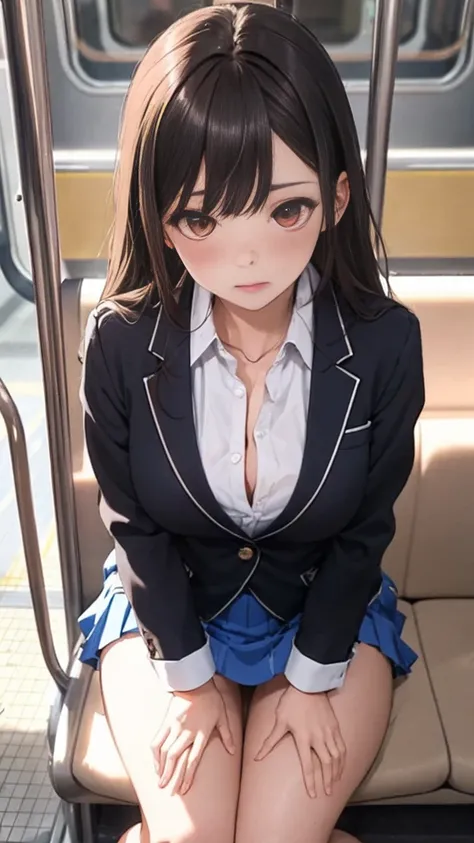 NSFW,4K,Gal:1.3,Anatomically correct,school uniform:1.3,A pure and innocent girl, Very cute face, Like an idol, (masterpiece:1.2), (high quality), panties, 黒いニーハイソックス, Hip, Blue Skirt, alone, Blazer Type, loose socks, Lifting clothes, Brown eyes, pure gaze...