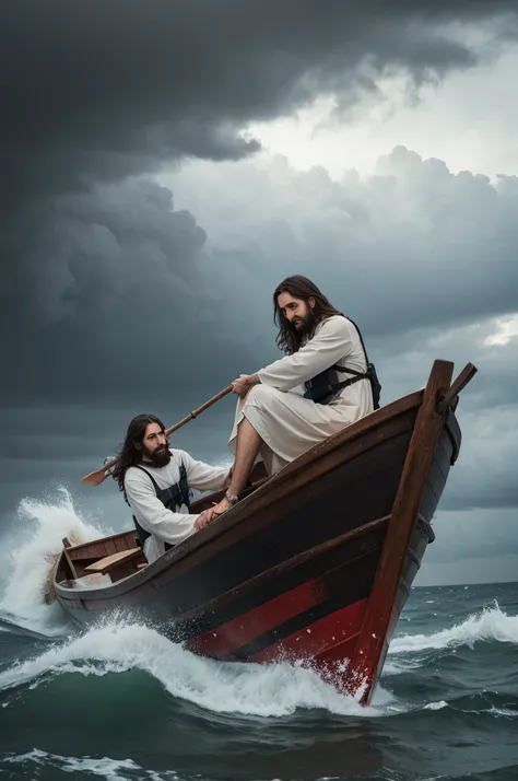 Jesus with a person in the boat in stormy weather 