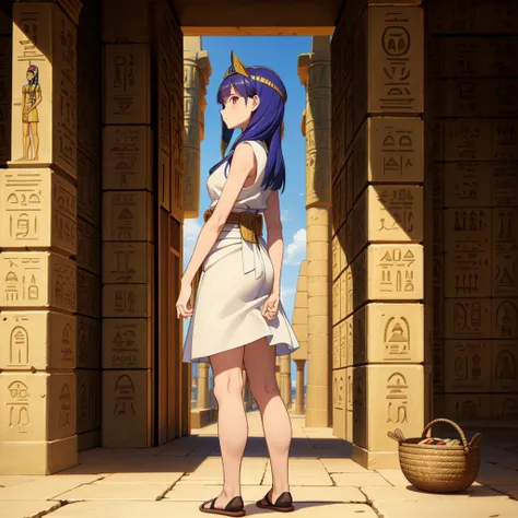 かわいいAncient Egyptの15歳の女の子、Ancient Egypt、View of the Nile、A colorful view of the whole、whole body、Low - Angle、Standing posture、Reeds are growing、Ancient Egyptの船、Ancient Egyptの風景
