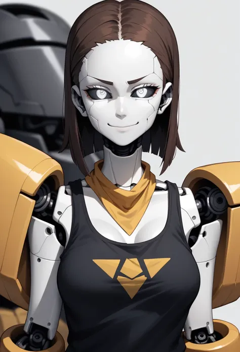 (anime, 1girl, brown hair, grey eyes, dark punk clothes, black tank top, yellow bandana, portrait, robot girl, mecha, android, j...