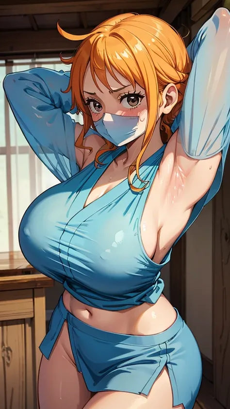 one piece、Nami。Light blue sleeveless kimono、Show off your、Underarm、Sweaty、blush、Big Breasts