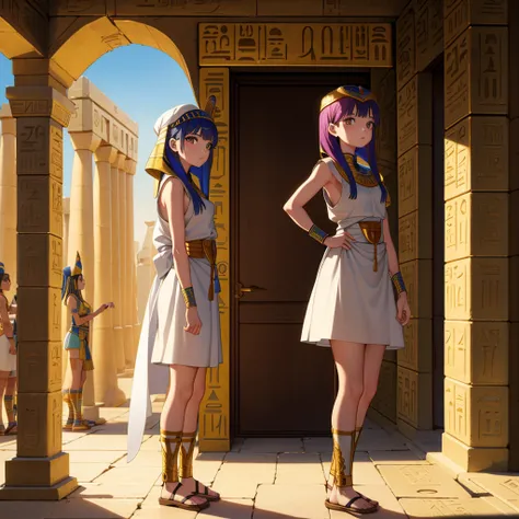 かわいいAncient Egyptの15歳の女の子、Ancient Egypt、View of the Nile、A colorful view of the whole、whole body、Low - Angle、Standing posture、Reeds are growing、Ancient Egyptの船、Ancient Egyptの風景
