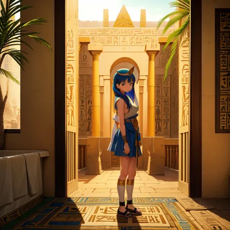 かわいいAncient Egyptの15歳の女の子、Ancient Egypt、View of the Nile、A colorful view of the whole、whole body、Low - Angle、Standing posture、Reeds are growing、Ancient Egyptの船、Ancient Egyptの風景
