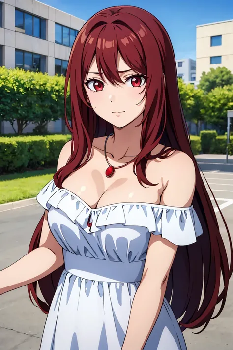 (artwork, best quality) a girl with long blue hair, red eyes, medium breasts, red off-the-shoulder dress, necklace, happy, talking to a brown-haired boy, brown , in a school yard