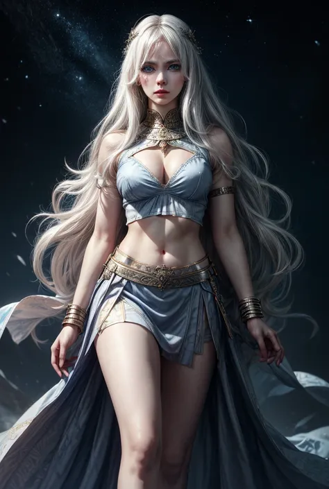 1girl, solo, masterpiece, high quality, full length, noblewoman, crop top, skirt, aasimar, fantasy, white hair, blue eyes, midriff, perfect body, perfect face, perfect breasts, muscular, abs, tall