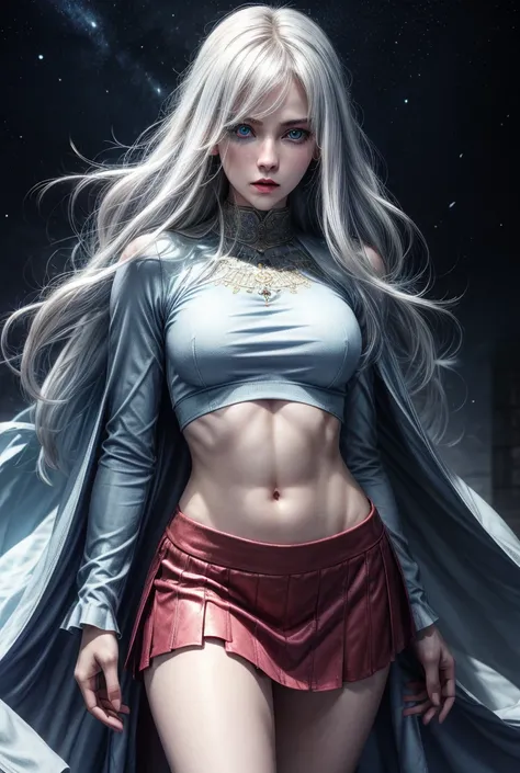 1girl, solo, masterpiece, high quality, full length, noblewoman, crop top, skirt, aasimar, fantasy, white hair, blue eyes, midriff, perfect body, perfect face, perfect breasts, muscular, abs, tall