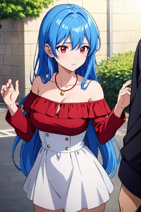 (artwork, best quality) a girl with long blue hair, red eyes, medium breasts, red off-shoulder dress, necklace, happy, talking to a boy, in a school yard