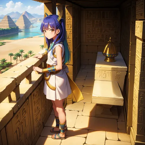 かわいいAncient Egyptの15歳の女の子、Ancient Egypt、View of the Nile、A colorful view of the whole、whole body、Low - Angle、Standing posture、Reeds are growing、Ancient Egyptの船、Ancient Egyptの風景
