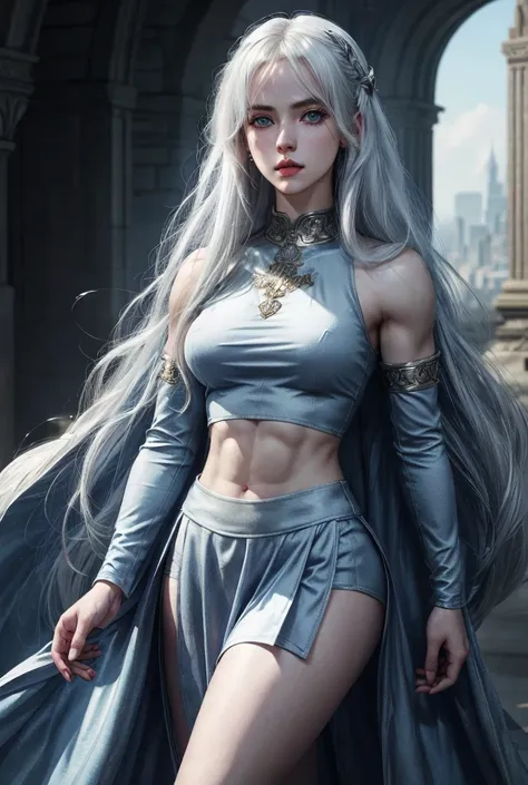 1girl, solo, masterpiece, high quality, full length, noblewoman, crop top, skirt, aasimar, fantasy, white hair, blue eyes, midriff, perfect body, perfect face, perfect breasts, muscular, abs, tall, standing in fantasy city