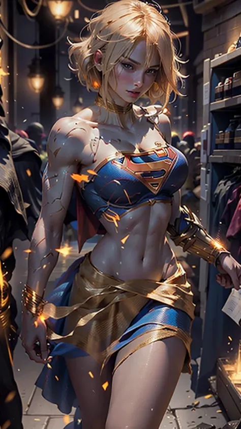 Beautiful woman short hair defined body big breasts, wearing Supergirl cosplay, battlefield 