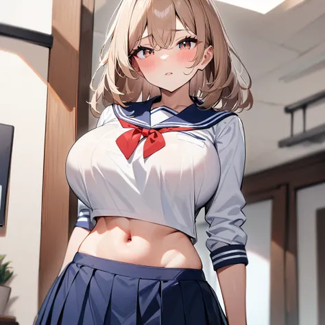 1 girl,Solo,light brown hair,impossible,sailor,big breast,sailor skirt,masterpiece,best quality,very aesthetic,absurdres,bright red,looking at viewer,(Navy Blue),(navel)