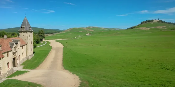 On the left is part of the castle, On the right is the forest, sandy road in the middle