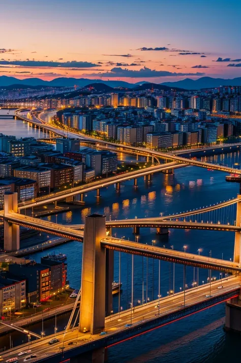 Vladivostok city, view of the bridge over the Golden Horn Bay at sunset