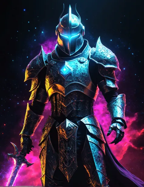 Cosmic Fallen Knight, cosmic ash, weirdcore, frightful, very bright colors, light particles, with bright light, Mshiff, Wallpaper Art, UHD Wallpaper, artistic, intrikate