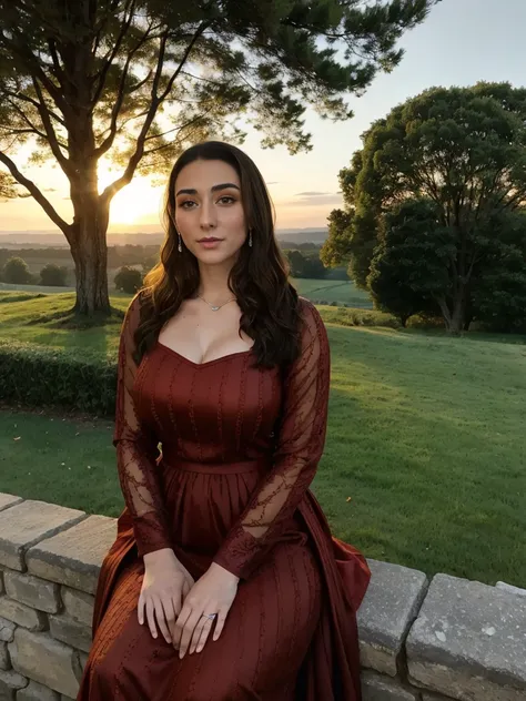 Beautiful and regal, imperious and aloof, busty athletic (thin) brunette queen with sharp facial features wearing a modest updo, dark red medieval dress, long sleeves, intricate patterns, embroidery, wide neck, crown, veil, long dress, modest dress, tight ...