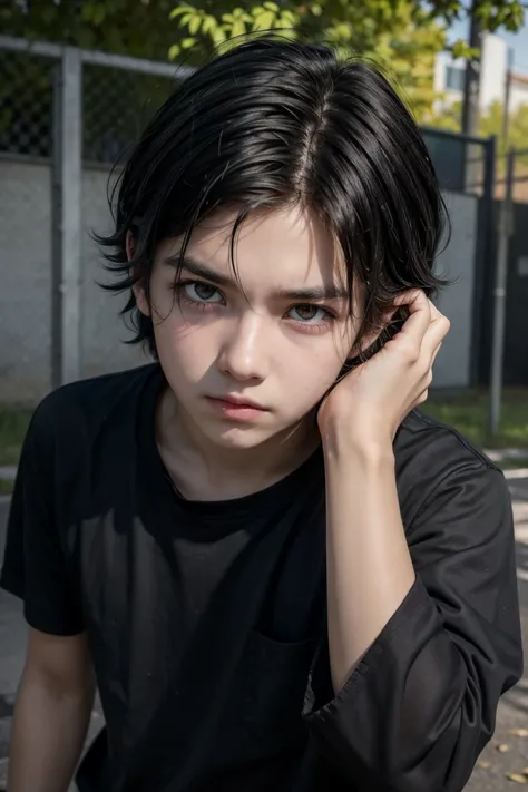 (artwork, best quality) a boy with messy black hair, yellow eyes, black shirt, scared, in a school yard