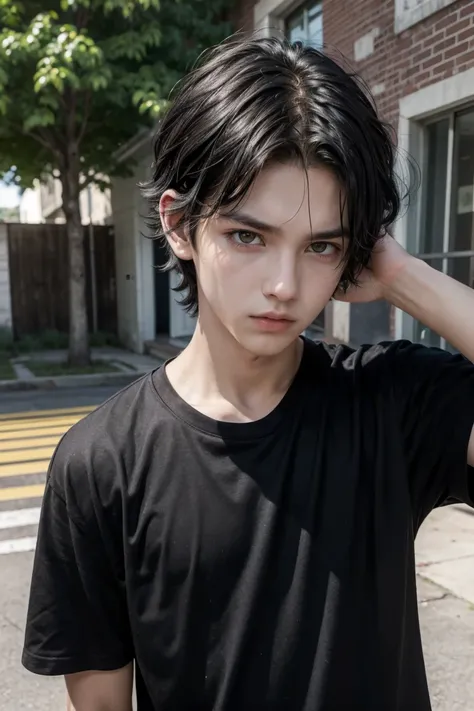 (artwork, best quality) a boy with messy black hair, yellow eyes, black shirt, scared, in a school yard