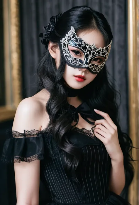 an Asian girl in low-cut black gothic clothing, wearing a black elegant mask to a masquerade ball, big and long hair, Uzzlang, jennie face, Stripe, face mask elegant prom