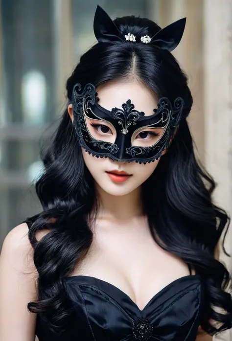 an Asian girl in low-cut black gothic clothing, wearing a black elegant mask to a masquerade ball, big and long hair, Uzzlang, jennie face, Stripe, face mask elegant prom