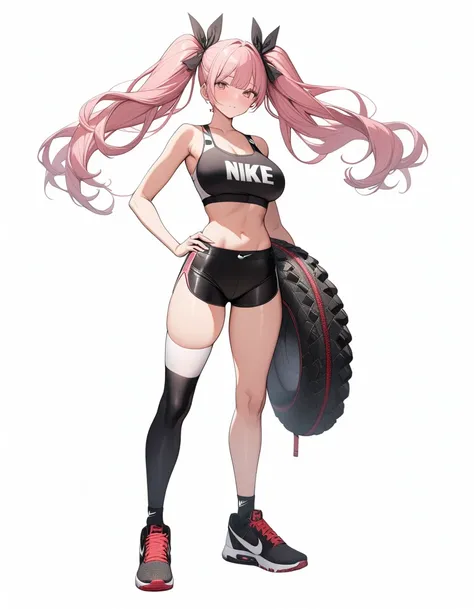 8k, best quality, masterpiece, (ultra-detailed:1.1), (high detailed skin), (full body:1.2), white background, standing, looking at viewer, (solo:1.4), hand on hip, nike, 1girl, large breasts, hair ribbon, twintails, pink hair, tube top, midriff, black shor...