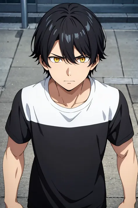 (artwork, best quality) a boy with messy black hair, yellow eyes, black shirt, scared, in a school yard