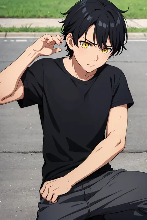 (artwork, best quality) a boy with messy black hair, yellow eyes, black shirt, scared, in a school yard