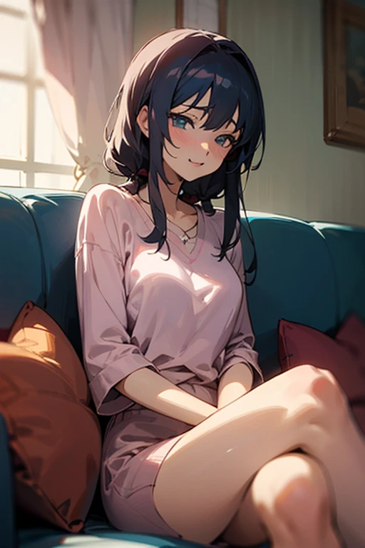 A very beautiful 35-year-old anime aunt sitting on the sofa wearing beautiful home clothes and having a sexy session 