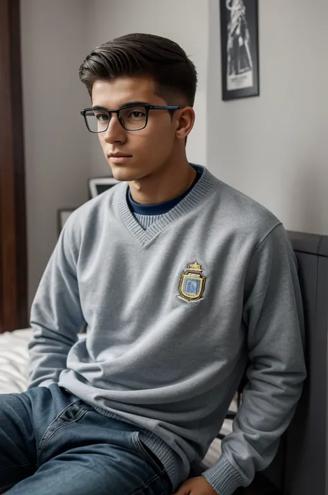 19 year old Argentinian, with Argentina shirt and sweater in his room lying face looking to the side with glasses, just him in his room gray hair with fade