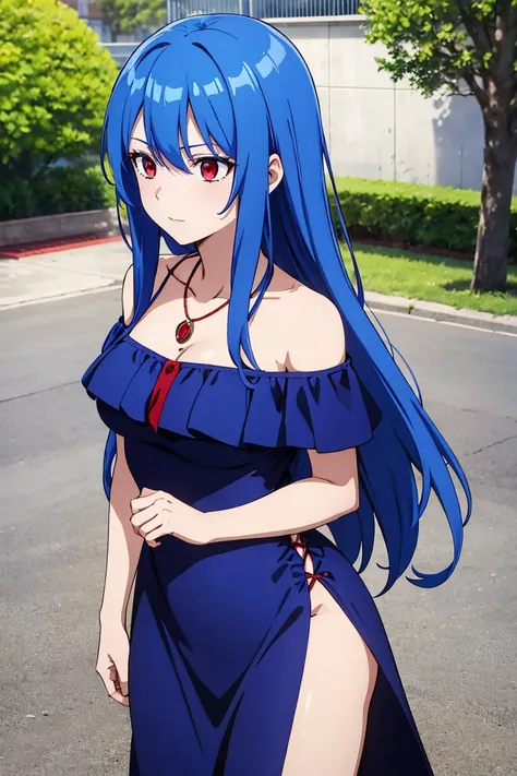 (artwork, best quality) a girl with long blue hair, red eyes, medium breasts, red off-shoulder dress, necklace, happy, talking t...