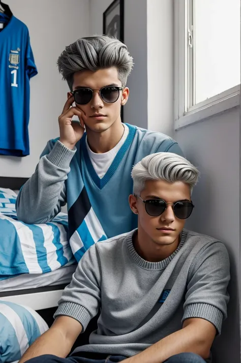 19 year old Argentinian, with Argentina shirt and sweater in his room lying face looking to the side with sunglasses, just him in his room gray hair with fade, White skin 