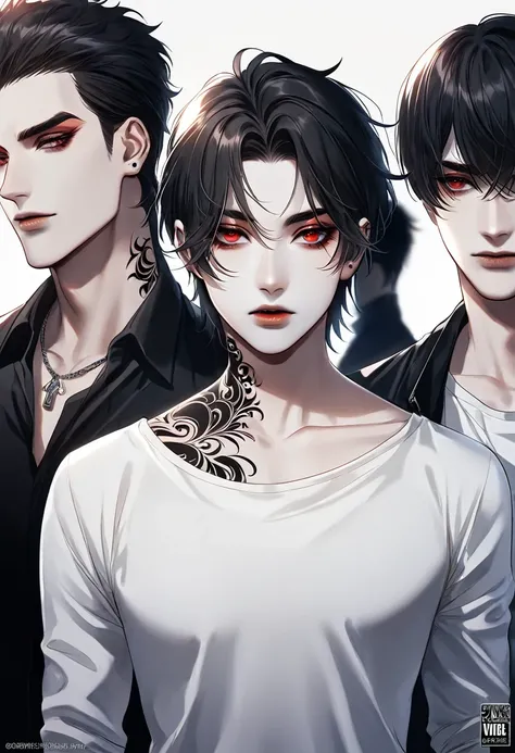 Best Quality 4K Artwork, a tall guy, stark, Bad Boy Vibe, Short and Stylish Black Hair, dark red eyes, Piercing na Boca, Lower Neck Tattoo, Wear Black, emo, Young and Extremely Beautiful.