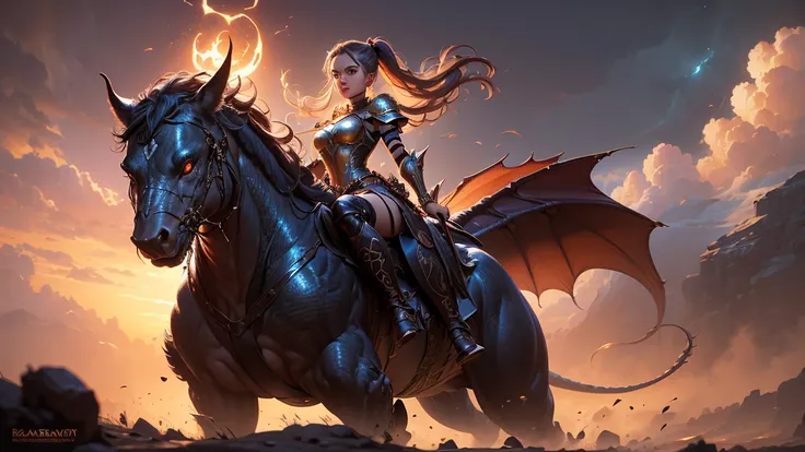 Sexy ,fantasy girl with sword and armor, riding a dragon, magic, big puppy eyes, glowing, full portrait, by charlie bowater and artgerm, Tyler Edlin, fantasy art, cinematic lighting, intricate, elegant, polished, detailed, high definition, hyper-detailed, ...