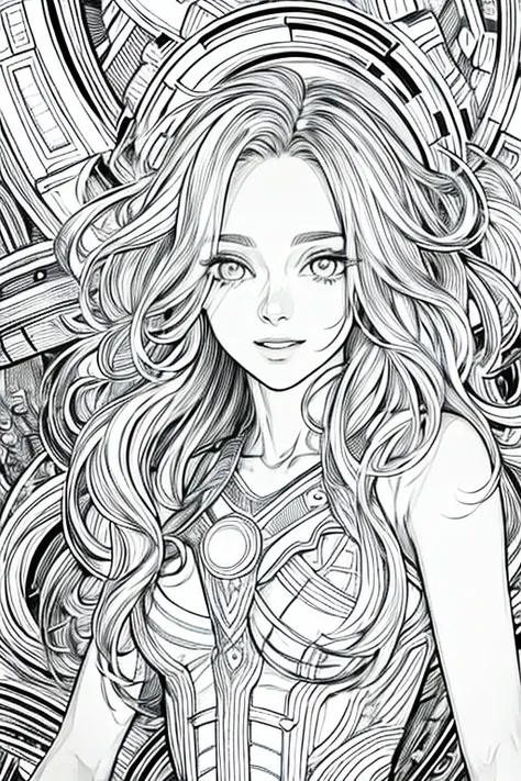 (Black and white coloring book:1.5), masterpiece, Highest quality, (Detailed Background), High Contrast, Highly detailed face, ((Eyes are clearly defined)), smile,Hair is white, Adult women, whole body,  A space-age dress featuring a futuristic design and ...