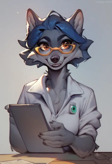 solo female,furry,wolf,dark gray feathers,dark blue hair,scientist,and wears yellow framed glasses