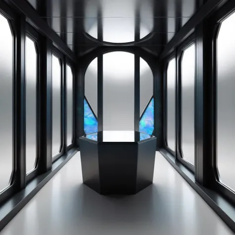 ral-opal, meahophontron, room, futurist, WITH WINDOWS, empty, symmetry, gray colors, soft black, blue tones,