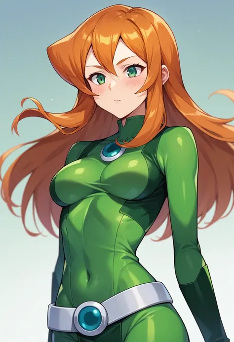 score_9, score_8_up, score_7_up, score_6_up, score_5_up, score_4_up, BREAK source_anime, 1girl, sam (totally spies), orange hair, long hair, green eyes, green bodysuit, belt, blush, expressionless, fall, blurry foreground 